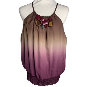 Beige by ECI Beaded Necklace Tank Top 14 Brown Purple Ombre Lined Shirred Hem